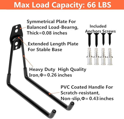 Heavy Duty Garage Storage Utility Double Hooks,Extended Wall Mount Tool Holder Organizer for Ladders,Bike,Chair (4 Pack Black 7.5" Large U Hook)