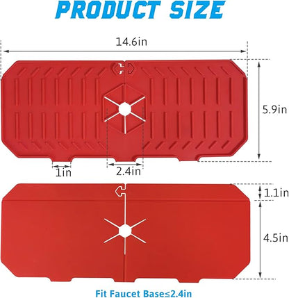 Silicone Faucet Handle Drip Catcher Tray, Faucet Mat for Kitchen Sink Splash Guard Behind Faucet for or Bathroom Farmhouse Bar Countertop RV(Red), 14.6x5.9x0.2