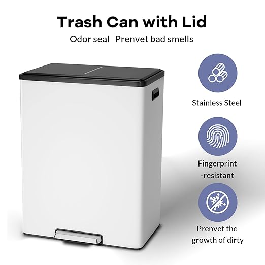 GAOMON Kitchen Dual Trash Can and Recycling Bin, 2 x 8 Gallon Stainless Steel Trash Can, 60 Liter, Removable Inner Bin and Soft Close Lid, Suitable for Home, Office, Business - White