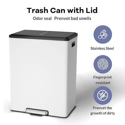 GAOMON Kitchen Dual Trash Can and Recycling Bin, 2 x 8 Gallon Stainless Steel Trash Can, 60 Liter, Removable Inner Bin and Soft Close Lid, Suitable for Home, Office, Business - White