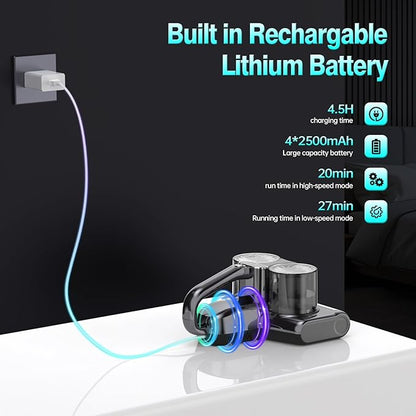 Mattress Vacuum Cleaner Cordless Bed Vacuum with 16Kpa Suction 253.7nm UV-C Light, Ultrasonic Technology, HEPA Filtration, Built-in 4*2500 mAh Battery, High/Low Dual Modes, Replacement Filter Included