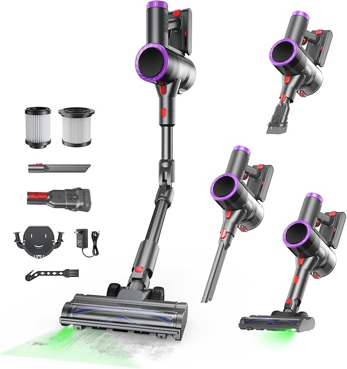 Cordless Vacuum Cleaner, Stick Vacuum Rechargeable, 550W 45KPA Powerful Suction Lightweight Vacuum Cleaners for Home, Anti-Tangle, Self Standing for Pet Hair Hardwood Floor Carpet - Purple