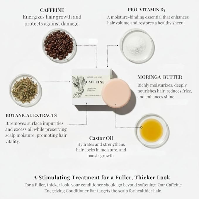 Nature Skin Shop Caffeine Conditioner Bar for Thinning Hair & Hair Growth, Energizing Scalp Treatment, Lightweight & Detangling, Sulfate-Free, Zero-Waste