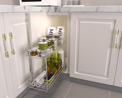 OCG Slide Out Cabinet Organizer for Narrow Cabinet (5" W X 21" D), 2 Tier Pull Out Shelves Slim Sliding Cabinet Organizer and Storage, Chrome