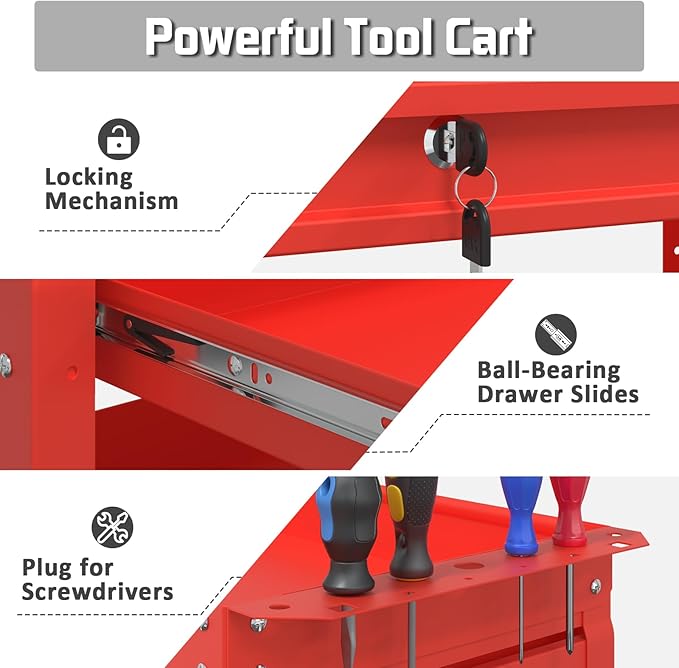 3 Tray Rolling Tool Cart with Drawers, 400 LBS Capacity Mechanic Tool Cart on Wheels, Heavy Duty Utility Cart with Pegboard for Garage, Warehouse and Repair Shop, Red