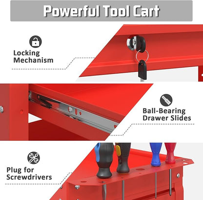 3 Tray Rolling Tool Cart with Drawers, 400 LBS Capacity Mechanic Tool Cart on Wheels, Heavy Duty Utility Cart with Pegboard for Garage, Warehouse and Repair Shop, Red