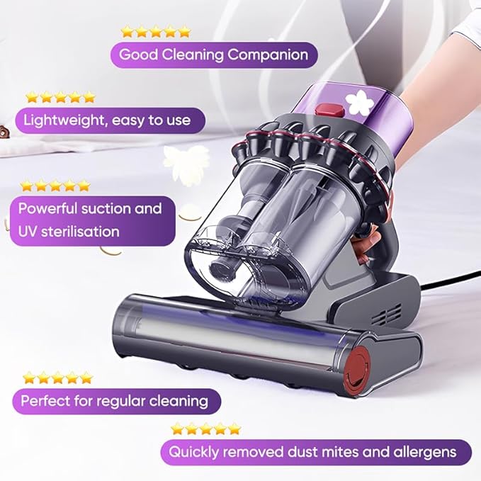 RAINPOT Saker Powerful UV Bed Vacuum Cleaner, 5-Cyclone Cordless Vacuum with Digital Display, 14kPa Strong Suction HEPA Filter, Portable Hand Vac for Mattress Carpet Pet Hair