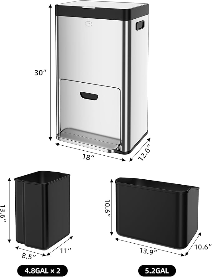 Vertical Trash Can - 2 Tiers 14 Gal Stainless Steel Tall Trash Can with Recycle Combo for Office Indoor