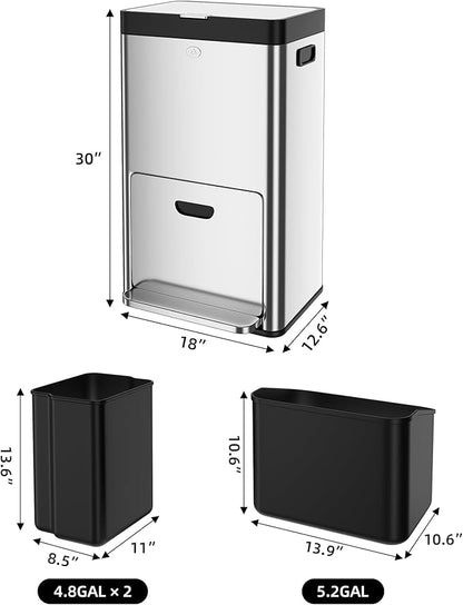 Vertical Trash Can - 2 Tiers 14 Gal Stainless Steel Tall Trash Can with Recycle Combo for Office Indoor