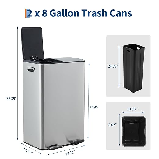 Dual 2 x 8 gal (2 x 30L) Stainless Steel Trash Can with Recycling Bin, Soft-Close Lid, Foldable Anti-Slip Step-on Pedal, Stainless Steel Handle, Removable Plastic Inner Buckets for Kitchen or Office