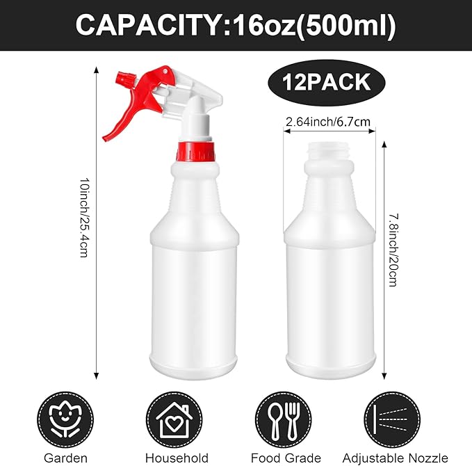Eccliy 12 Pcs 16 Oz Plastic Spray Bottle, Adjustable Empty Reusable Sprayer for Cleaning, Planting, Water, Bathroom and Kitchen, BBQ, Commercial and Residential (Original,Multicolor)