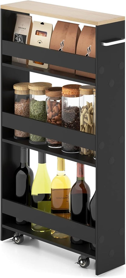 Giantex 4 Tier Rolling Slim Storage Cart, 5" Narrow Slide Out Kitchen Cart w/Handle & Open Shelves, Space-Saving Compact Mobile Utility Trolley for Small Space Laundry Room (Black & Natural)