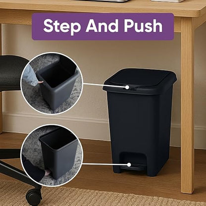 Superio 2-Pack 10L Slim Step & Push Trash Can - 2.7 Gallon Dual Opening, Compact Design (10.63"x7.68"x13.53") - Black