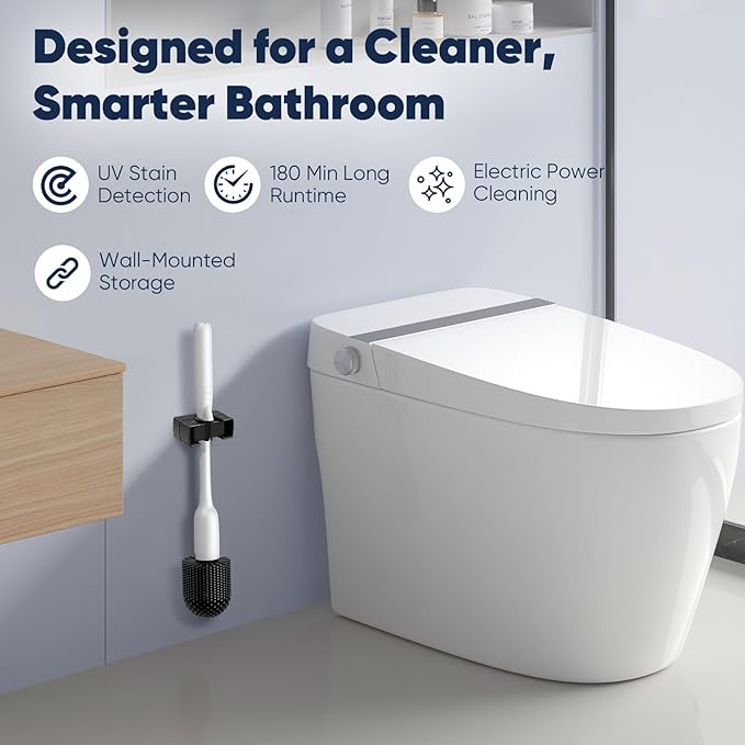 EKZ Electric Toilet Brush with UV Stain Detection, High-Torque Deep Cleaning, Dual-Speed 80/200 RPM, Silicone Brush Head, Wall-Mounted Holder, Type-C Rechargeable, White