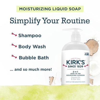 Kirk's Juniper & Lime 3-in-1 Nourishing Cleanser, Shampoo Body Wash Bubble Bath, Coconut Oil and Aloe Vera, Vegan Non-GMO, 32 Fl Oz