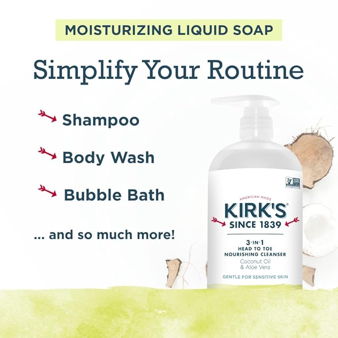 Kirk's Juniper & Lime 3-in-1 Nourishing Cleanser, Shampoo Body Wash Bubble Bath, Coconut Oil and Aloe Vera, Vegan Non-GMO, 32 Fl Oz, Pack of 2