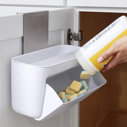 YouCopia DoorStash™ Dishwasher Pod Holder with Lid, Hanging Storage Container for Detergent, Speckled White