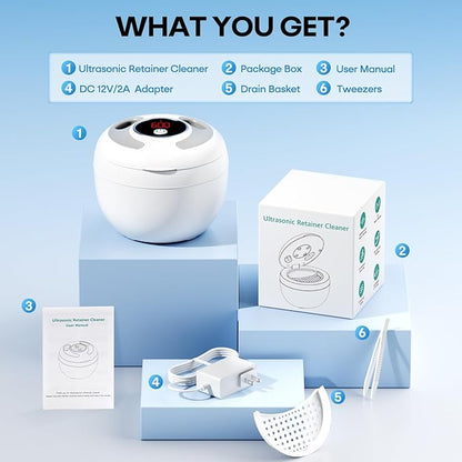 Upgraded Ultrasonic Retainer Cleaner Machine, 45kHz Ultrasonic Dentures Cleaner for Night Guards, Braces, Aligner, Toothbrush, Jewelry and More, 200ML Capacity, White