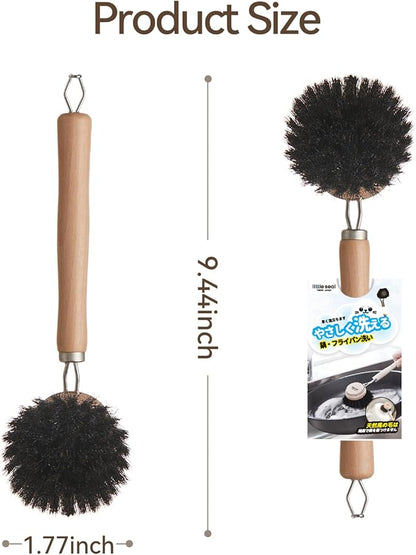 Dish Brush Set of 2, Wooden Handle Natural Bristle Scrubber, Non-Scratch Grease Absorbent for Non-Stick & Cast Iron Cookware, Kitchen Dishwashing Scrub Brush for Cleaning Dishes, Pots, Pans, Sink