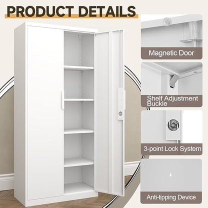GREATMEET Metal Garage Storage Cabinets, 71" Tall Locking Metal Cabinets with Doors and Shelves, Utility Cabinet with Lock for Garage, Home, White