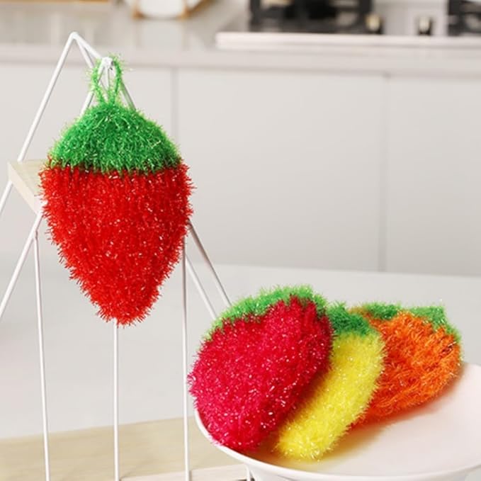 Strawberry Dish Scrubber Non Scratch Dish Washing Scrubbers Reusable Household Cleaning Kitchen Tools for Dishwashing Washing Dishes Cookware Tubs Sinks, Rose Red