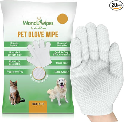20pc. Premium Pet Glove Cleaning Wipes for Dogs & Cats | Textured, Deodorizing & Hypoallergenic Gloves with Aloe Vera & Shea Butter – Gentle, Skin-Safe Wipes for Fur, Face & Body, Odor Control