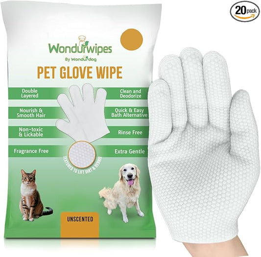 20pc. Premium Pet Glove Cleaning Wipes for Dogs & Cats | Textured, Deodorizing & Hypoallergenic Gloves with Aloe Vera & Shea Butter – Gentle, Skin-Safe Wipes for Fur, Face & Body, Odor Control