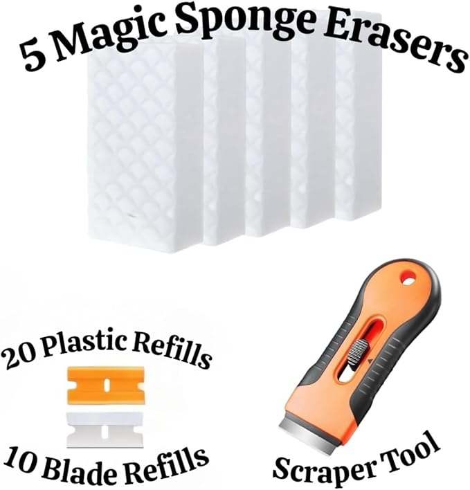 Magic Eraser Sponges Cleaning Kit, 5 Pack Sponge Foam Pads, Scraper Tool with Refills, Multi-Functional Household Cleaning Kitchen Dish Sponge for Furniture, Bathroom, Bathtub, Sink, Floor, Baseboard