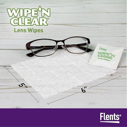 Flents Wipe ’N Clear Biodegradable Lens Wipes, 225 Count Pre-Moistened Eyeglass Cleaner Wipes for Glasses, Screens, and Lenses, Anti-Streak, Quick Dry, Individually Wrapped