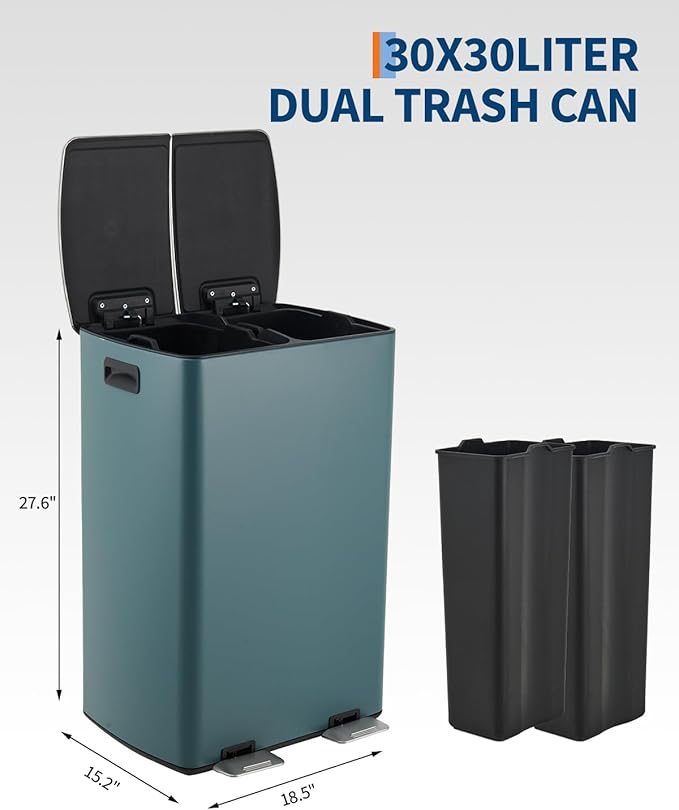 16 Gallon (60L) Dual Compartment Step Trash Can, Stainless Steel Kitchen Garbage Can for Trash and Recycling, Soft Close Lid, Odor Control, Hands Free, Black