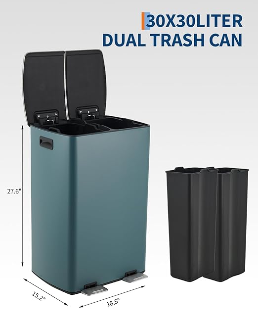 PrecisionAuto 60L Dual Compartment Kitchen Trash Can – Stainless Steel, Soft-Close Lid, Odor Control, Hands-Free Step Pedal, Removable Leak-Proof Bins, Large Waste & Recycling Capacity, Fingerprint