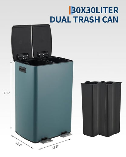 OUTLANE 2 x 8 Gal (2 x 30L) Dual Compartment Step Trash Can, Stainless Steel Kitchen Garbage Bin withSoft-Close Lid, Odor Control, Hands-Free Pedal for Trash and Recycling – Light Blue
