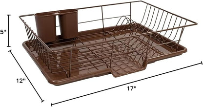 Sweet Home Collection Space-Saving 3-Piece Dish Drainer Rack Set: Efficient Kitchen Organizer for Quick Drying and Storage - Includes Cutlery Holder and Drainboard - Maximize Countertop Space, Bronze