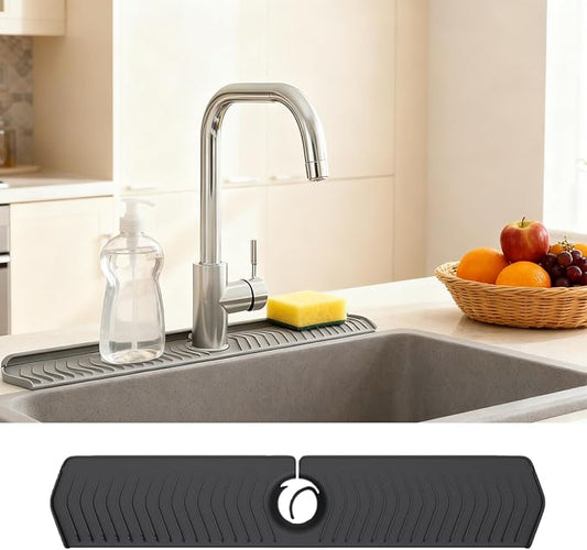 30 Inch Silicone Kitchen Sink Faucet Mat, Adjustable Waterproof Splash Guard Draining Mat Keep Countertops Dry (Black)