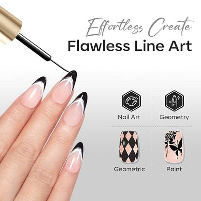 modelones Black French Tip Liner Gel Polish, 15 ML All Black Classic Color Nail Art Paint Swirl with Upgraded Fine Line Brush Soak Off U V DIY Home Salon Professional Manicure Design Gift for Women