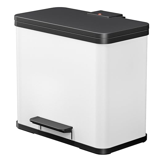 Hailo OKO Duo Plus L 0630-200 Kitchen Trash Can with 4.5 + 2.4 Gallon Bins, Rectangular Dual Compartment Recycling Step, Removable Inner Buckets with Soft-Close Lid, White