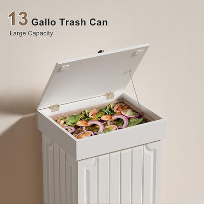 Povrgive Wood Trash Can Cabinet, 13 Gallon Hidden Kitchen Garbage Can with Lid, Farmhouse Dog Proof Trash Can, Metal Ring Included, 16" L x 13" W x 26.5" H, White