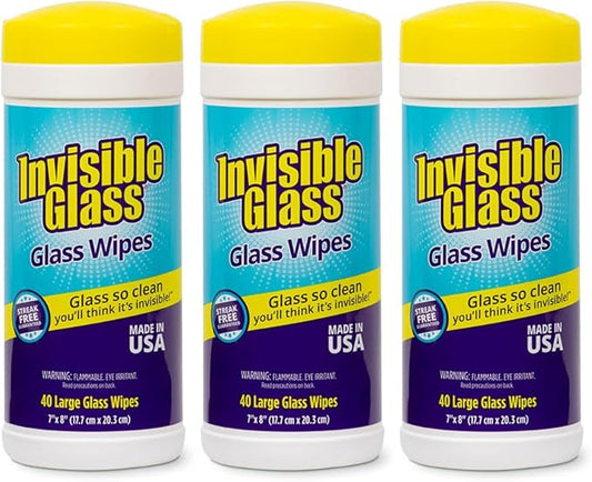 Invisible Glass 90160-3PK Glass Cleaning Wipes, Pre-Moistened, Streak-Free and Lint-Free, Safe for Windows, Mirrors, Windshields, and Tinted Glass, 40 Count (Pack of 3)