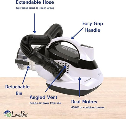 LivePure - Ultramite Handheld HEPA Filter Vacuum & Fabric Sanitizer - Dual Motor Brush, UVC Light, And Anti- Allergen Filter To Remove Dust Mites, Bacteria, Viruses