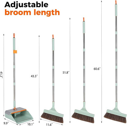 Broom and Dustpan Set with Adjustable Handle, Upright Design, Built-in Comb Teeth, Mint Green, for Home Office Hardwood Floors Pet Hair (Green/Gray)