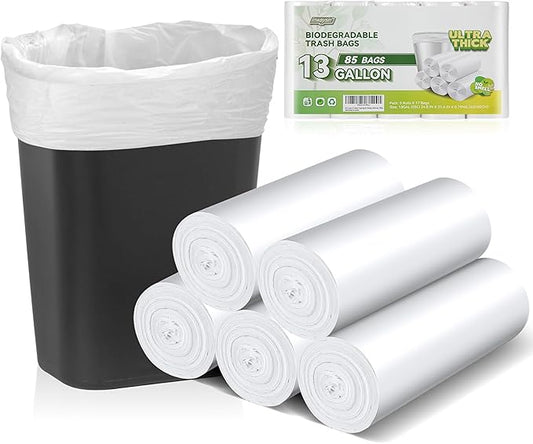 Inwaysin Ultra Thick & Strong Biodegradable Trash Bags - 85 Counts, 13 Gallon - Unscented, Easy Tear for Kitchen, Bedroom, Office