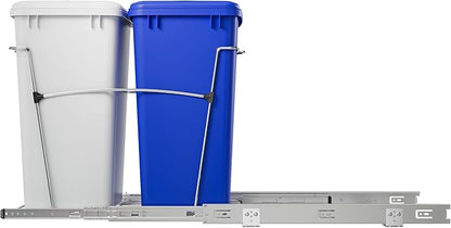 Rev-A-Shelf Double 35 Qt Pullout Trash Can for Base Kitchen Cabinets, Garbage Waste & Recycling Bin System with Lids & Full Extension Slides, Min Opening Width of 14.5", Blue/White, RV-18KD-11RC-S