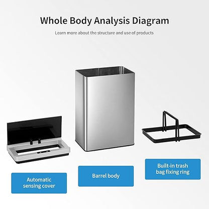 PayLessHere Stainless Steel Trash Can 13 Gallon 50 Liter Kitchen Bathroom Bedroom Home Office Automatic Touch Free High-Capacity with Lid Brushed Waste Bin