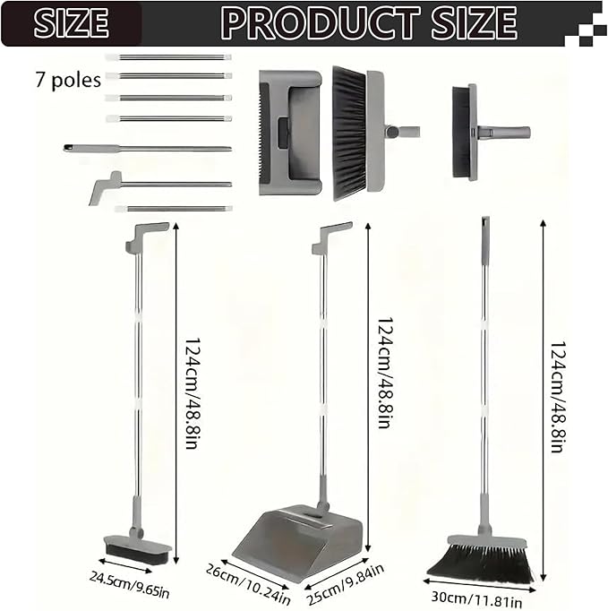 Broom and Dustpan, 3-in-1 Broom with Dustpan Combo Set Foldable and Rotating and Set with Long Handle for Home Office School Dorm, and