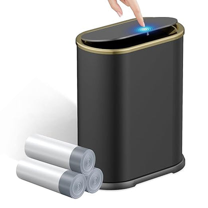 KSSKSS 1.8 Gallons Small White Bathroom Trash Can with Lid, Slim Bathroom Garbage Bin, Dog Proof Trash Can with Pop-Up Lid for Bedroom,Toile, Black