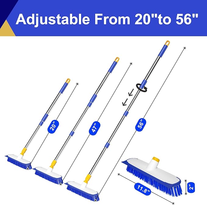 12" Wide Floor Scrub and Grout Brush Set With Long Extendable Handle - Stiff Bristle Heavy Duty Cleaner for Tile, Deck, Garage, Kitchen, Bathroom