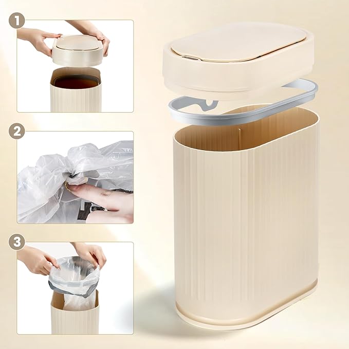 ELPHECO Bathroom Trash Can 2 Gallon Plastic Smart Garbage Can Waterproof Wastebasket Bathroom Decor Narrow Garbage Bin with Automatic lid for Bedroom, Kitchen (Beige)