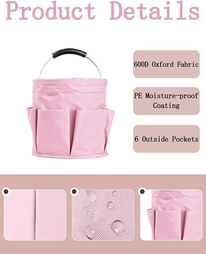 Cleaning Caddy with Handle, Cleaning Products Organiser, Foldable Storage Basket, Large Supply Organiser 17L with 6 Pockets, Portable Cleaning Caddy for Home & Garden (Pink)