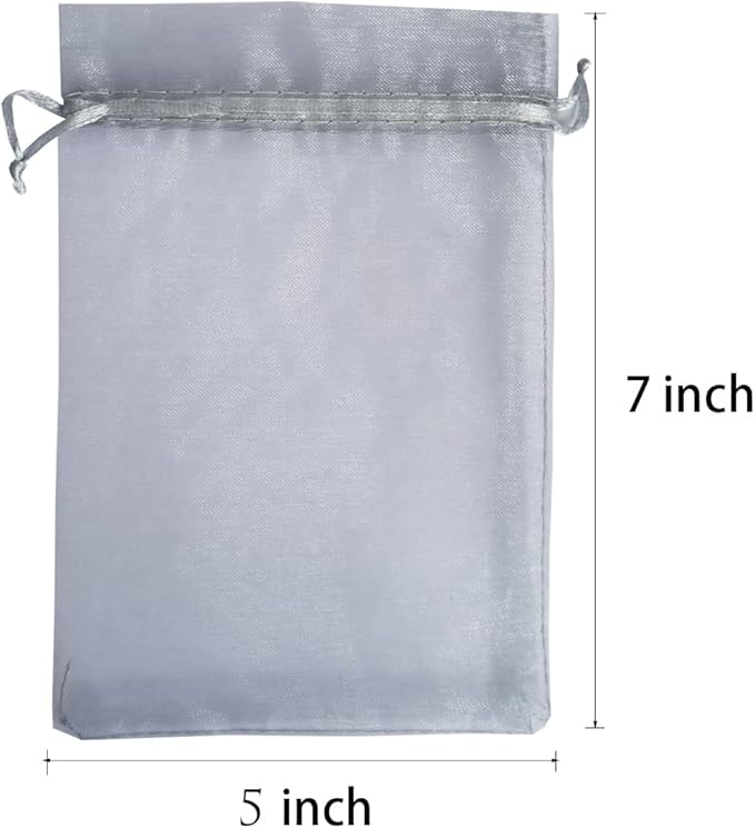 100 Pcs 5x7 Inch Gift Wrap Bags Grey,Organza Mesh Sheer Fabric,Drawstring Satin Ribbon Glitter Clear Tulle Sparkly Jewelry Sachet for Baby Shower Favor,Santa Claus Gift,Wedding decoration,Candy
