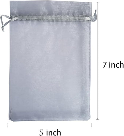 100 Pcs 5x7 Inch Gift Wrap Bags Grey,Organza Mesh Sheer Fabric,Drawstring Satin Ribbon Glitter Clear Tulle Sparkly Jewelry Sachet for Baby Shower Favor,Santa Claus Gift,Wedding decoration,Candy